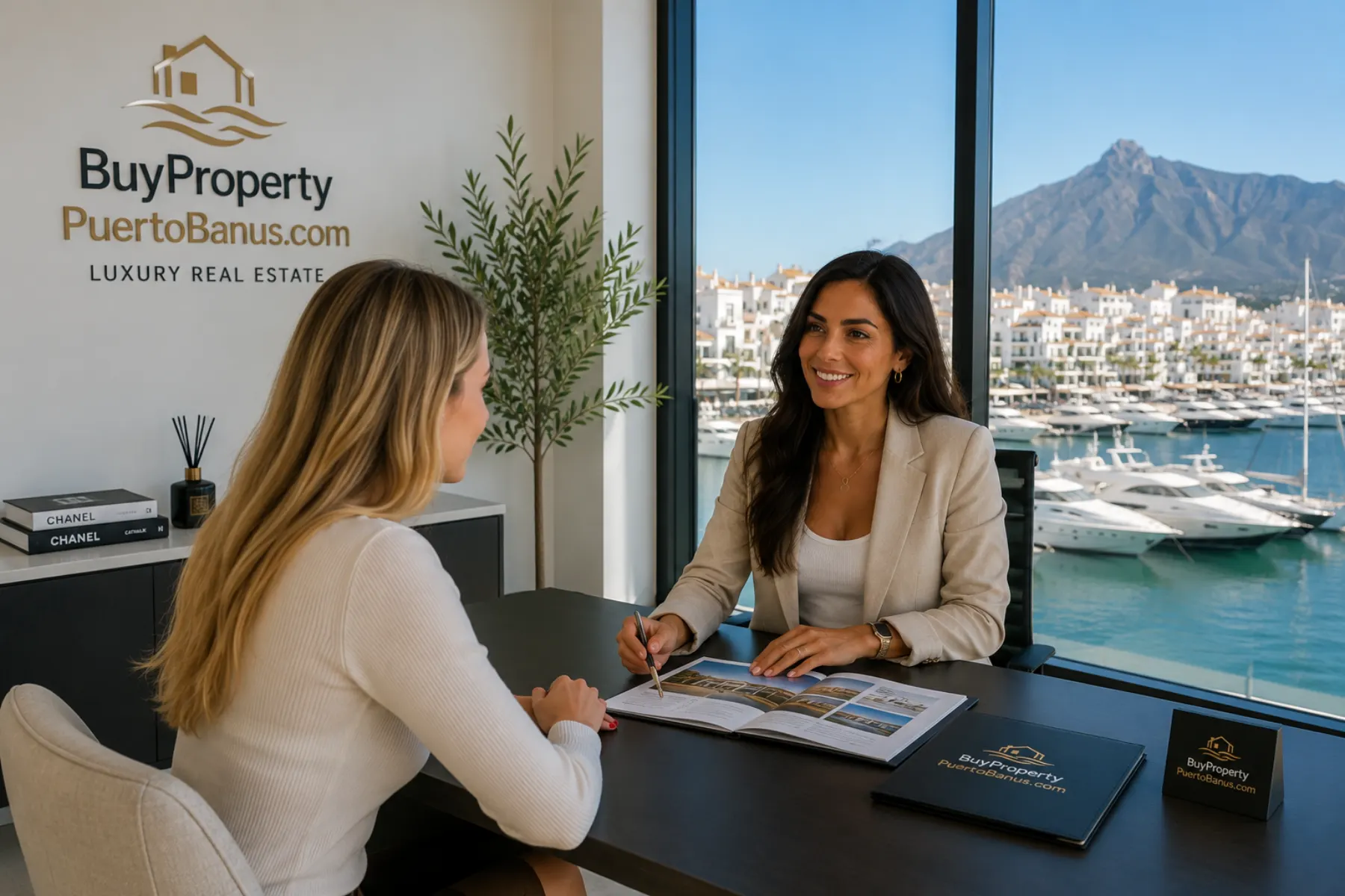 Puerto Banús real estate consultant meeting a client with the marina in the background