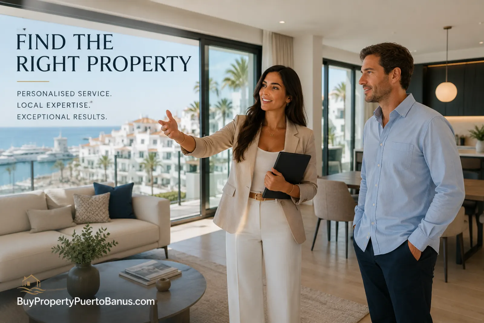 Consultant showing a buyer a marina-view apartment in Puerto Banús