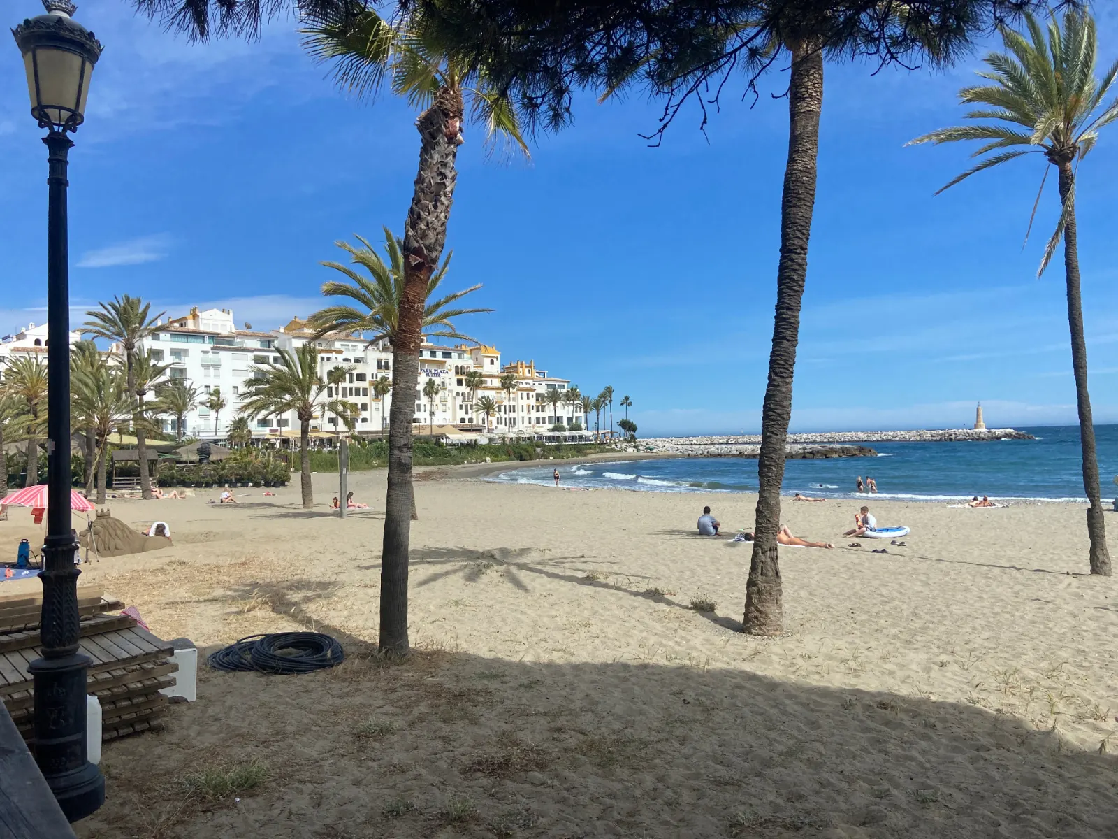 Playa del Duque beach next to Puerto Banús with palm trees and calm Mediterranean sea